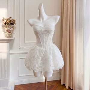 Đầm Ren Hoa Nữ Phối Xương Cá Thắt Eo Hoa 3D Có Đệm Ngực Dáng Váy Ngắn Dự Tiệc Sinh Nhật - Ảnh 2