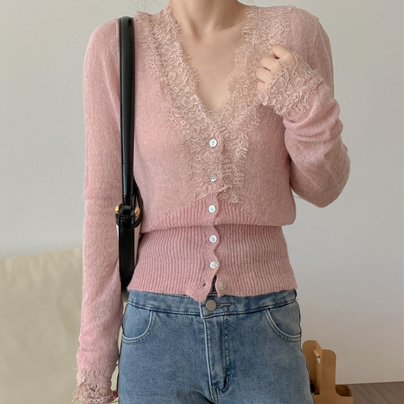 Áo Cardigan Nữ Dệt Kim Phối Ren Phong Cách Pháp Ôm Dáng Nữ Tính - Ảnh 4