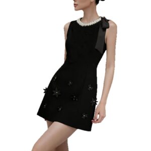 Đầm Đen Nữ Cổ Ngọc Trai Thắt Nơ 3D Không Tay Dáng Ngắn Thanh Lịch Cho Nữ Nhỏ Nhắn - Ảnh 5