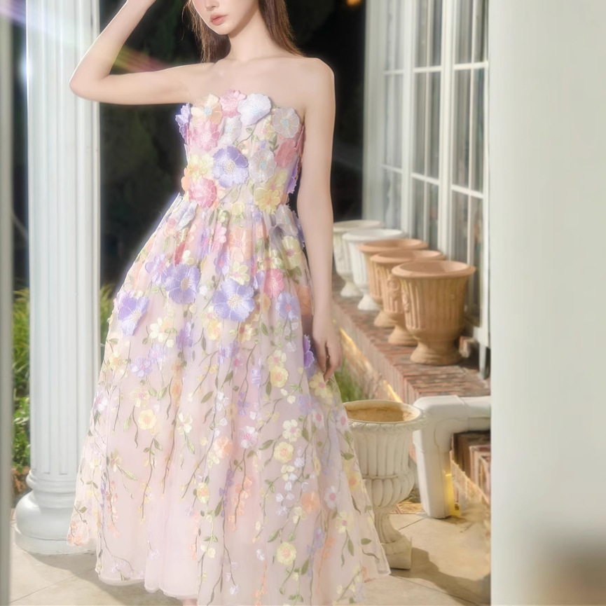 Đầm Nữ Cúp Ngực Hoa Hồng 3D Thêu Cầu Kỳ Phong Cách Pháp Sang Trọng Dáng Công Chúa - Ảnh 2