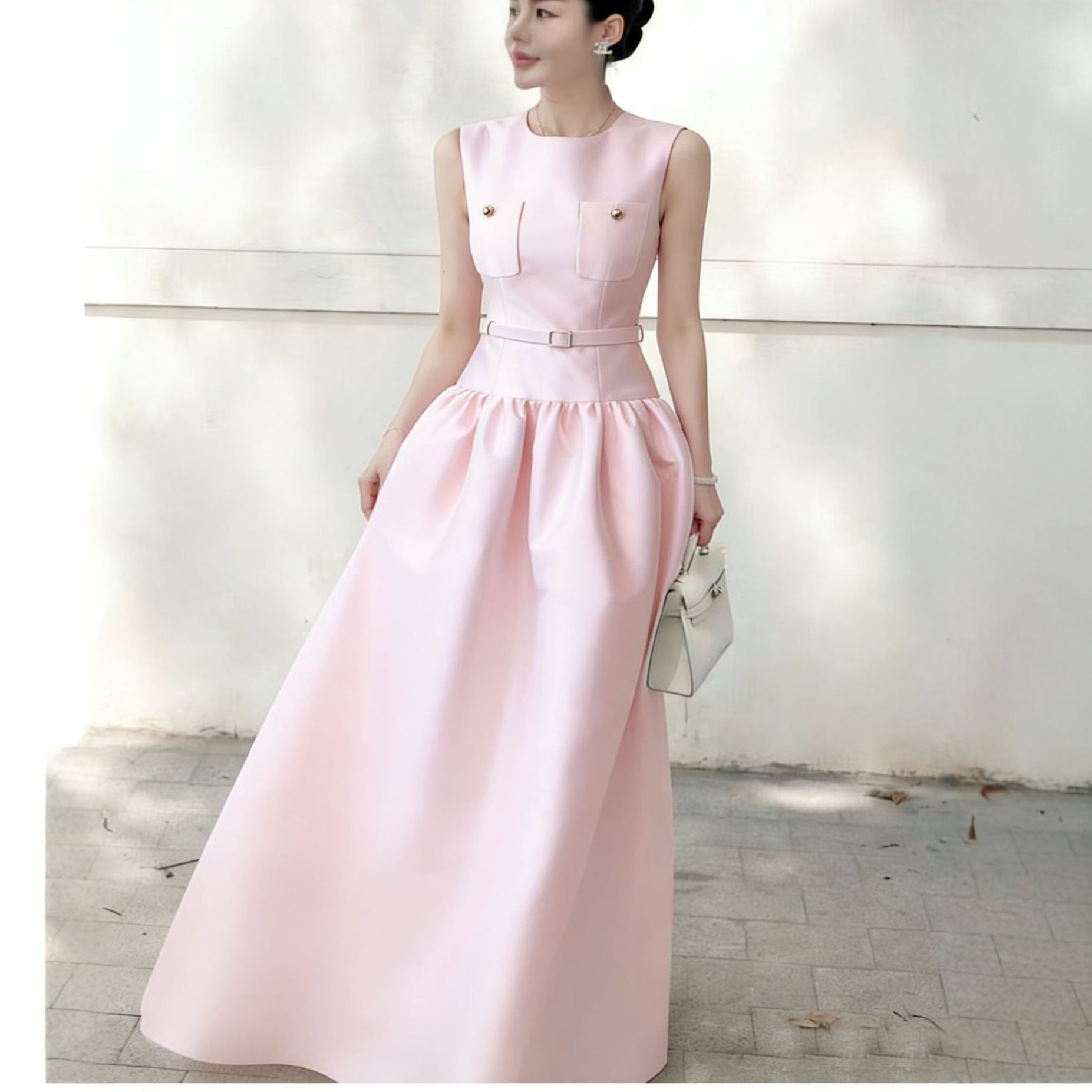Đầm Dài Màu Hồng Không Tay Phong Cách Pháp Dáng Xòe Ôm Eo Nữ Tính