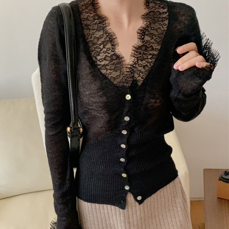 Áo Cardigan Nữ Dệt Kim Phối Ren Phong Cách Pháp Ôm Dáng Nữ Tính - Ảnh 3