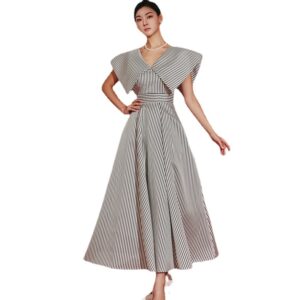 Đầm Kẻ Sọc Cổ Bẻ Bản Lớn Phong Cách Pháp Dáng Xòe Chữ A Thanh Lịch - Ảnh 5