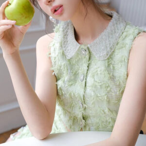 Bộ Đồ Nữ Màu Xanh Lá Không Tay Đính Nút Đá Phong Cách Cá Tính Thời Trang Nổi Bật - Ảnh 3