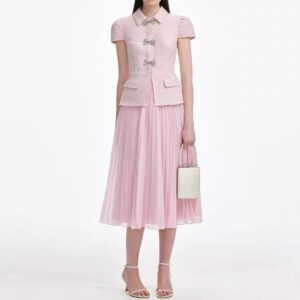 Bộ Đồ Nữ Phong Cách Pháp Cao Cấp Phối Ren Vải Tweed Thắt Nơ Áo Và Váy Thanh Lịch - Ảnh 3