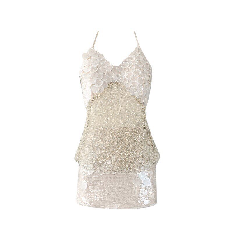 Đầm Yếm Nữ Đính Sequin Cườm Phối Lưới Hở Lưng Dáng Ôm Quyến Rũ Mùa Hè - Ảnh 4