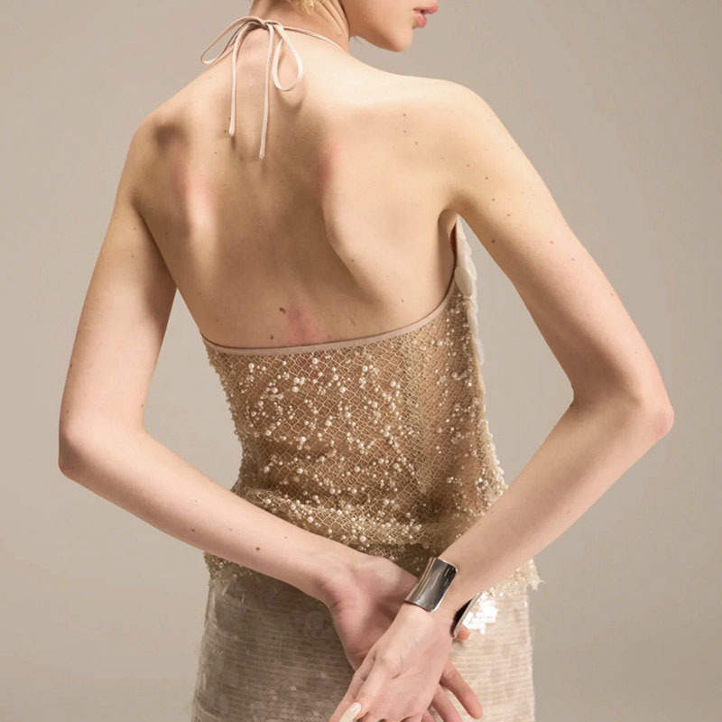Đầm Yếm Nữ Đính Sequin Cườm Phối Lưới Hở Lưng Dáng Ôm Quyến Rũ Mùa Hè - Ảnh 2