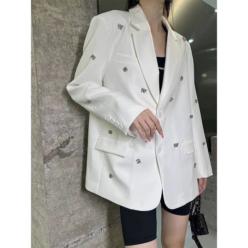 Áo Blazer Nữ 2026 Cổ Ve Họa Tiết Chữ Cái Đính Đá Dáng Suông Rộng Thanh Lịch - Ảnh 2
