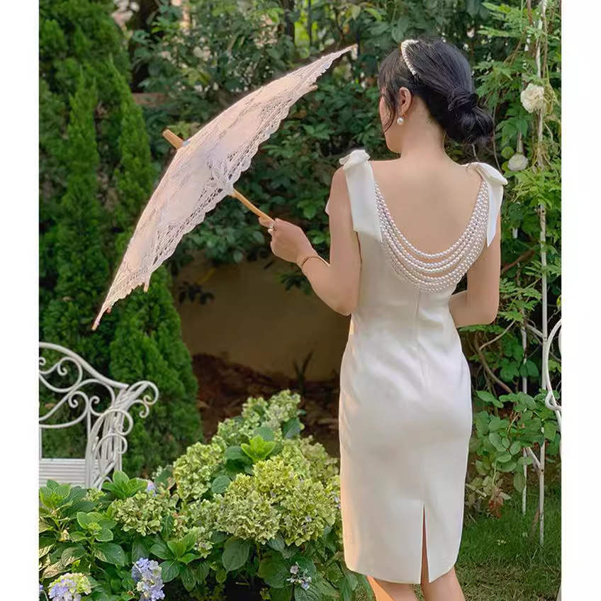 Đầm Dạ Hội Trễ Vai Đính Ngọc Trai Hở Lưng Nơ Trắng Thanh Lịch Sang Trọng - Ảnh 2