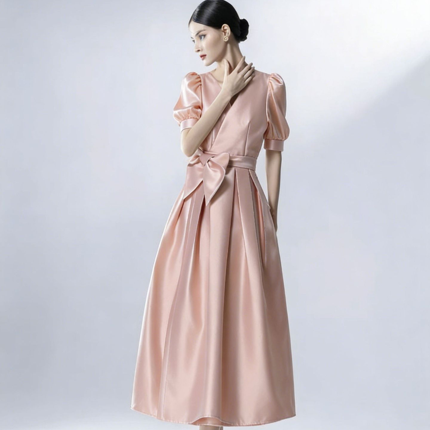 Đầm Nữ Satin Cổ V Tay Phồng Thắt Dây Chiết Eo Tôn Dáng Dáng Chữ A Kèm Hoa Thanh Lịch - Ảnh 3