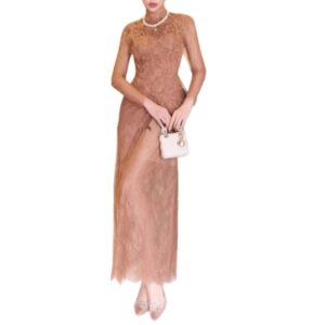 Đầm Dài Nữ Phối Ren Phong Cách Pháp Cổ Điển Tông Màu Maillard Thanh Lịch Nữ Tính - Ảnh 5