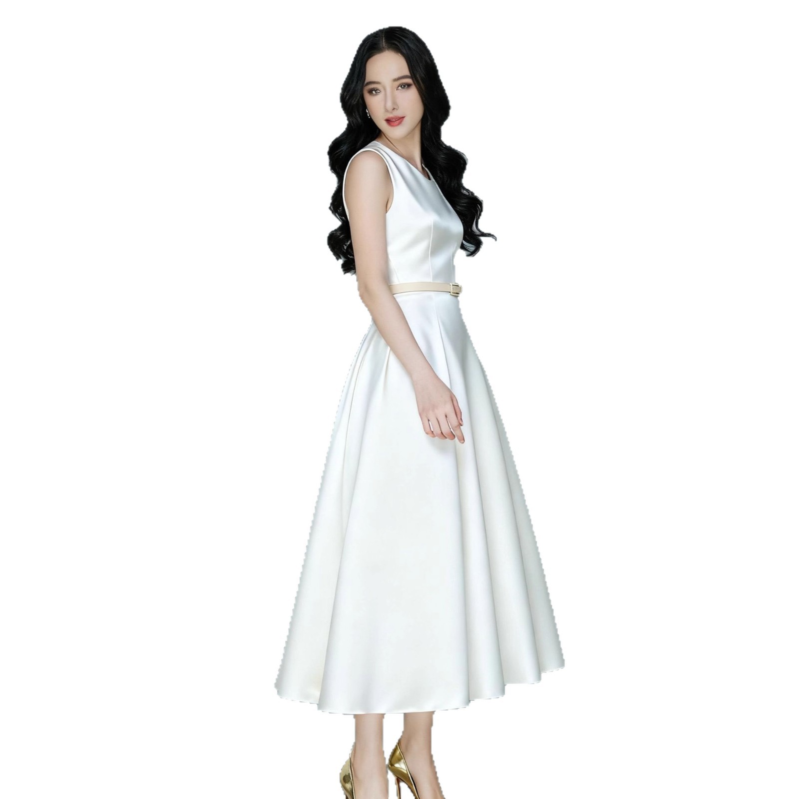 Chân Váy Chữ A Nữ Dáng Midi Thiết Kế Bất Đối Xứng Thắt Nơ Chiết Eo Kèm Thắt Lưng - Ảnh 5