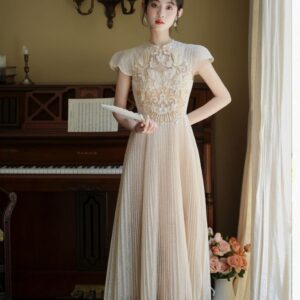 Đầm Thêu Đục Lỗ Tay Ngắn Xếp Ly Dáng Dài Phong Cách Tiểu Thư Sang Trọng - Ảnh 5