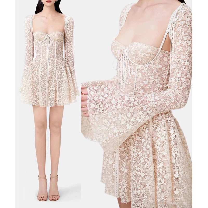 Đầm Ren Nữ Màu Nude 2026 Dáng Ngắn Tay Dài Cổ Thấp Phong Cách Nữ Tính Gợi Cảm Thời Trang Đầu Thu - Ảnh 2