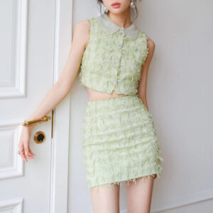 Bộ Đồ Nữ Màu Xanh Lá Không Tay Đính Nút Đá Phong Cách Cá Tính Thời Trang Nổi Bật - Ảnh 2