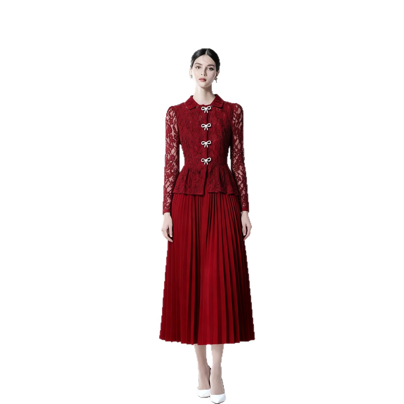 Đầm Nữ Ren Vintage Phong Cách Quý Cô Sang Trọng Dáng Giả 2 Món Chiết Eo Xếp Ly Dài Qua Gối 2026 - Ảnh 5