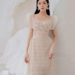 Đầm Thêu Hoa Tay Cánh Bướm Phong Cách Tiểu Thư Thanh Lịch Nữ Tính - Ảnh 3