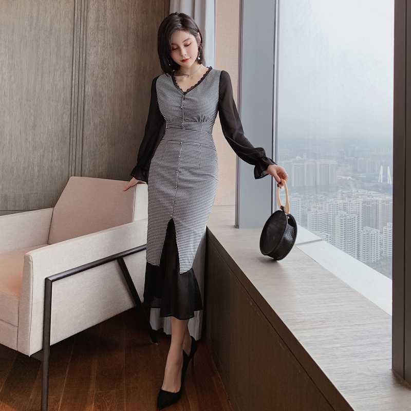 Set Váy Caro Nữ Cổ V Dáng Ôm Đuôi Cá Phong Cách Hàn Quốc Thời Trang Thu Đông - Ảnh 2